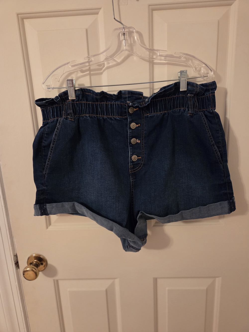 No Boundaries Indigo Paperbag-Waist Button Front Denim Shorts